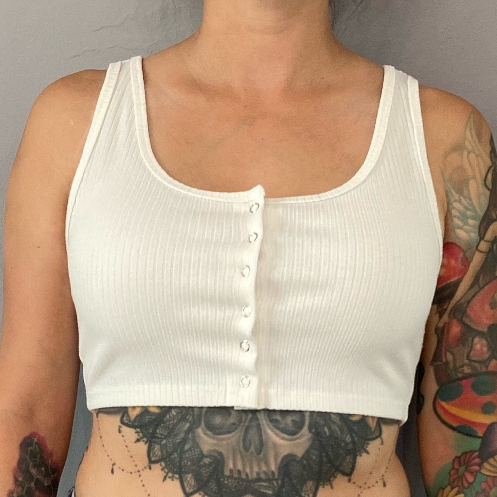 White Ribbed Button-Up Crop Top